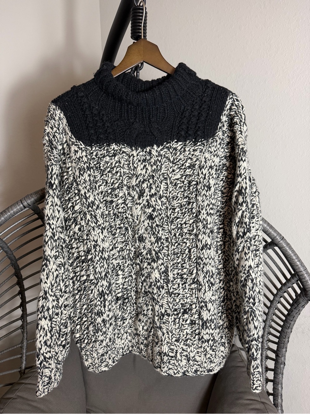 Dries Van Noten Black and White Marled Cable Yoke Sweater Medium New